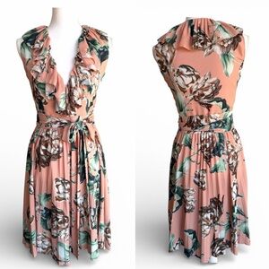 PatBO Pink Tropical Print Tie Waist Pleated Sleeveless Ruffle Neck Dress Sz 6